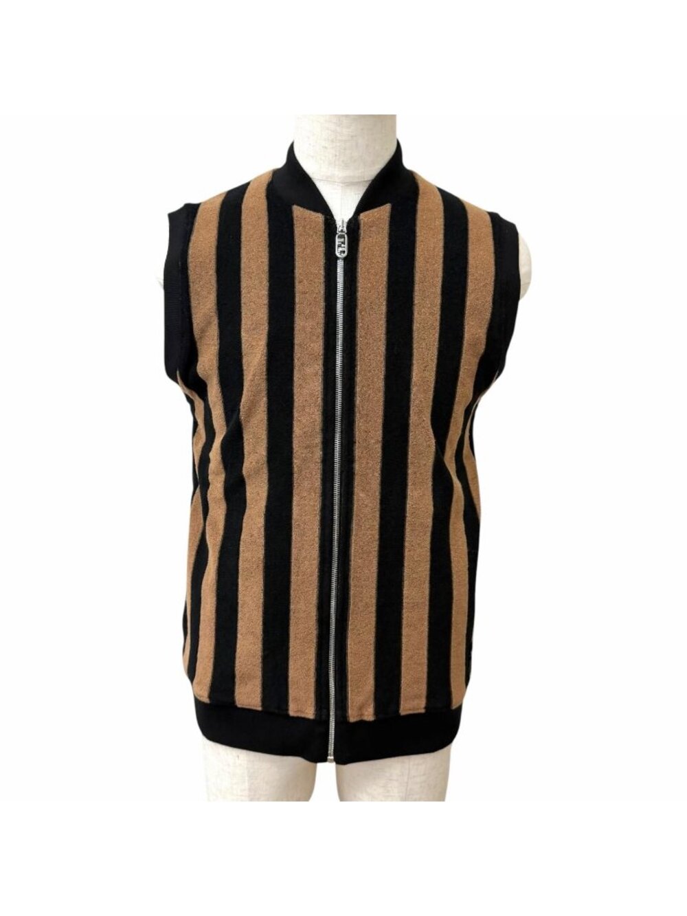 Fendi Pecan Stripe FF Logo Zip Pile Vest Brown Black
